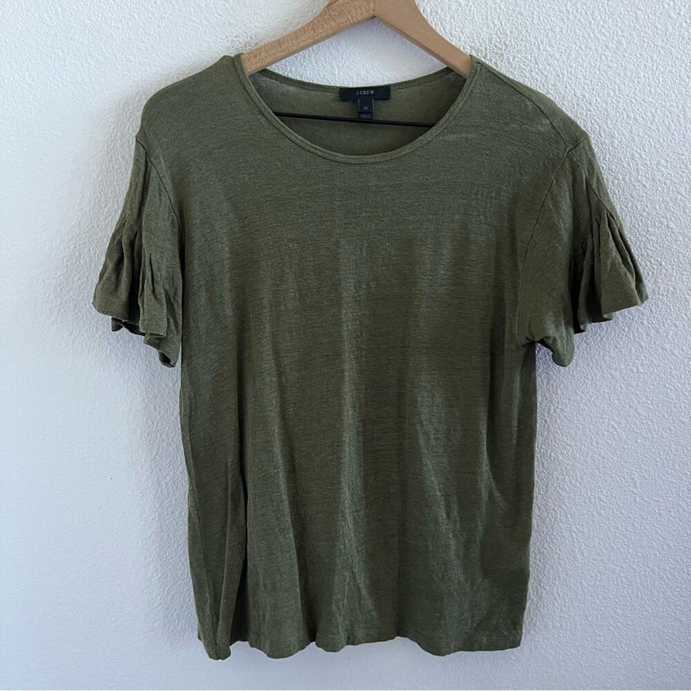 J Crew 100% Linen Green Ruffle Sleeve Relaxed Lagenlook Style GC049 Medium
